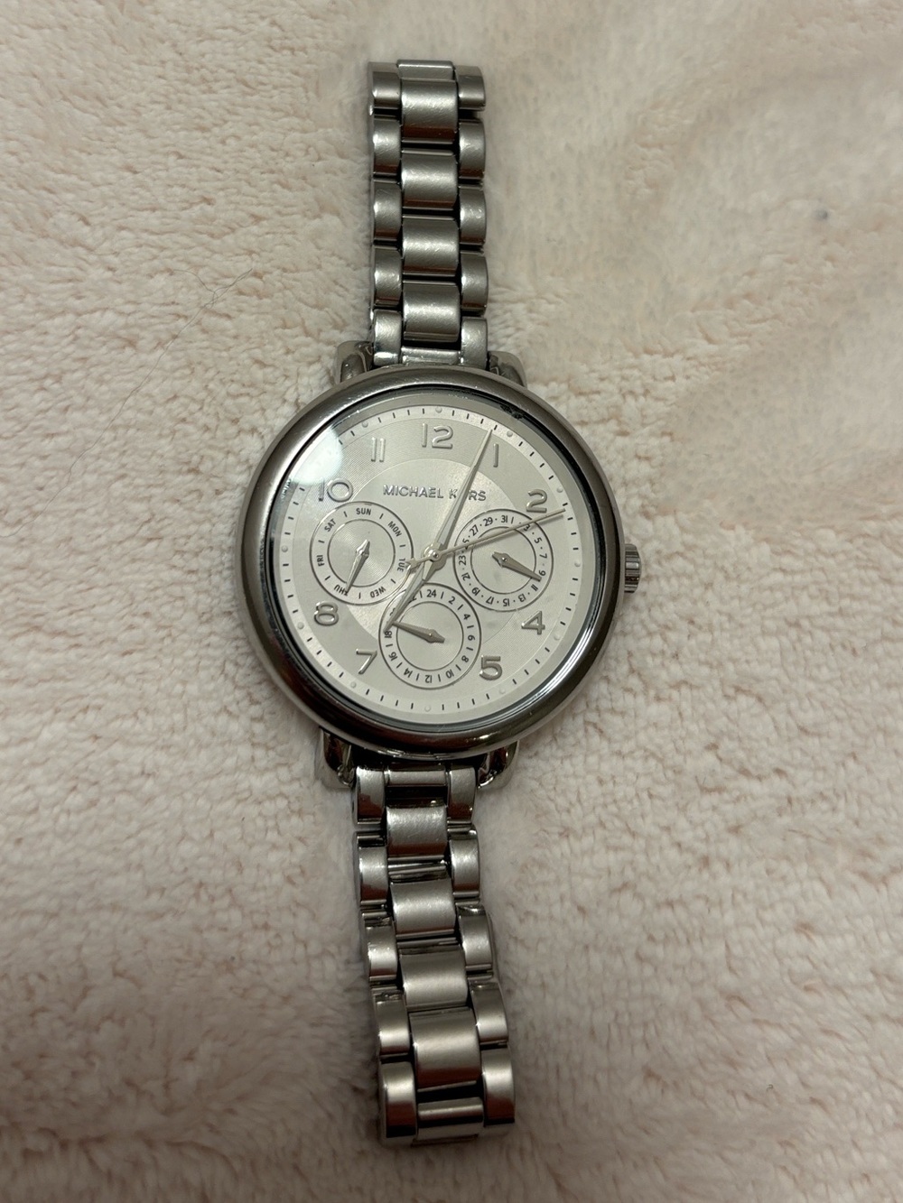 Michael Kors Silver and White Stainless Steel Chronograph Watch